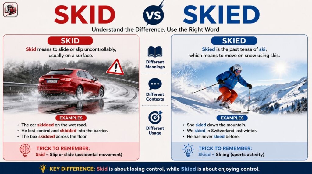 Skid vs Skied Difference And Usage: Complete Grammar Guide