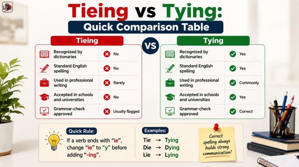 Tieing vs Tying: Quick Comparison Table